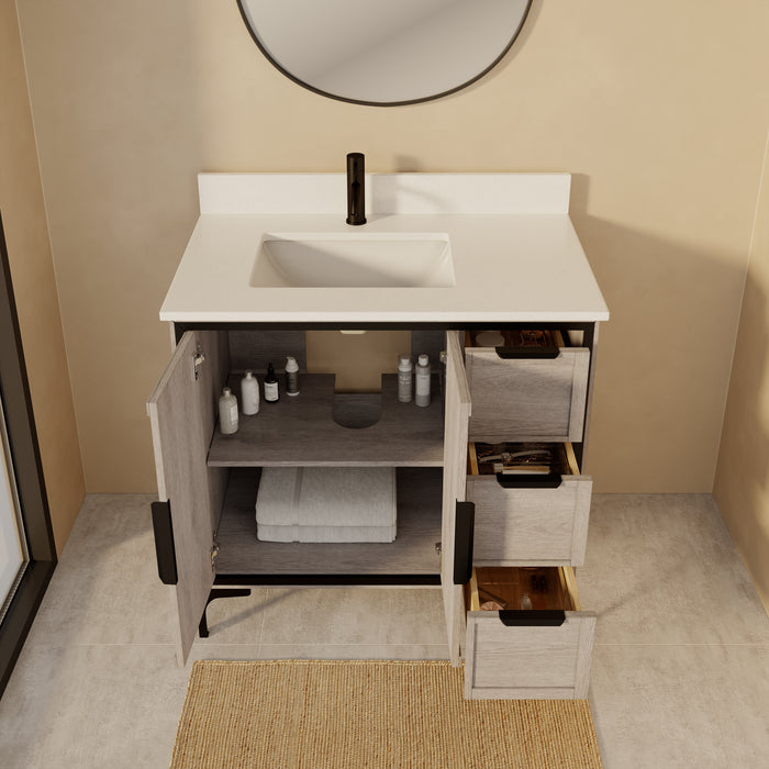 SOREN- 36" Silvered Grey Bathroom Vanity with Carrera Quartz countertop