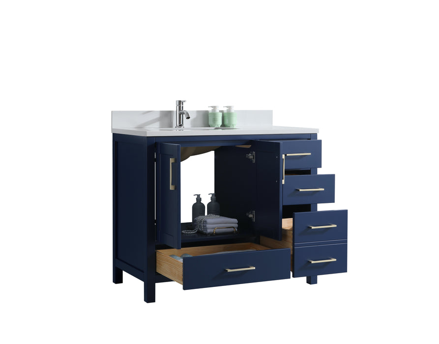 Rose - 42" Navy Blue, Right side drawers, Left side sin,Solid Wood Floor Standing Bathroom Vanity , White Quartz Countertop - Construction Commodities Supply Inc.