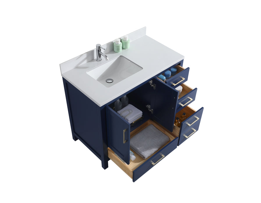 Rose - 42" Navy Blue, Right side drawers, Left side sin,Solid Wood Floor Standing Bathroom Vanity , White Quartz Countertop - Construction Commodities Supply Inc.