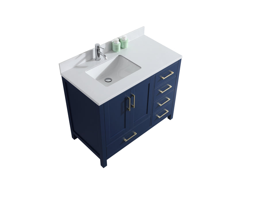 Rose - 42" Navy Blue, Right side drawers, Left side sin,Solid Wood Floor Standing Bathroom Vanity , White Quartz Countertop - Construction Commodities Supply Inc.
