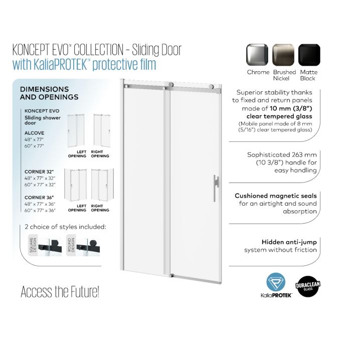 KONCEPT EVO - Chrome Sliding Shower door 60” x 77” with 36" return panel - KP protective film (Left opening)** PICK UP IN STORE ONLY**