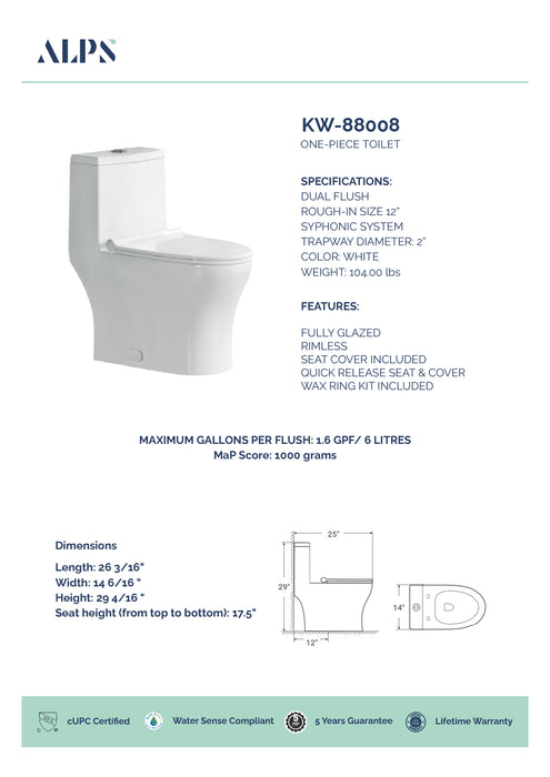 ALPS-KW-88008 , One-Piece Gloss White Dual Flush Toilet *** PICKUP IN STORE ONLY ***