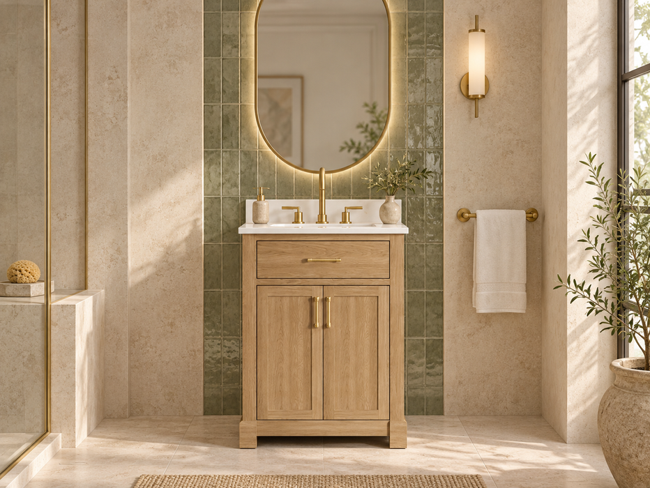 Lotus - 24" Natural Oak , Solid Wood Floor Standing Modern Bathroom Vanity Quartz Countertop
