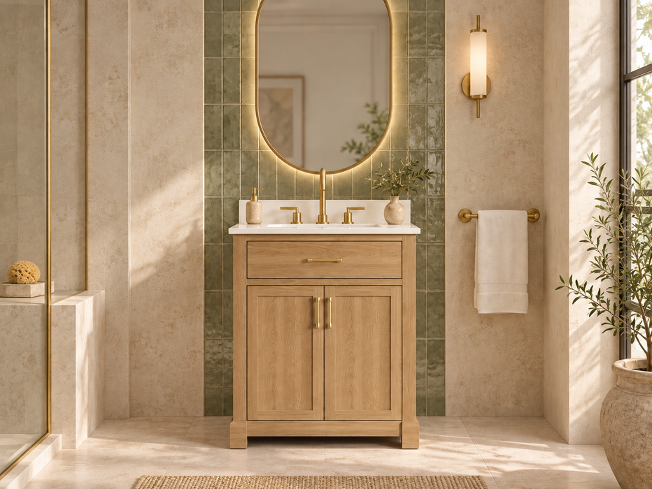 Lotus - 30" Natural Oak , Solid Wood Floor Standing Modern Bathroom Vanity Quartz Countertop