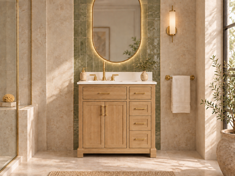 Lotus- 36" Natural Oak , Solid Wood Floor Standing Modern Bathroom Vanity, Quartz Countertop