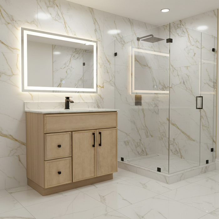 LEO-42" Bathroom Vanity  With Quartz Countertop / Left Side Drawers