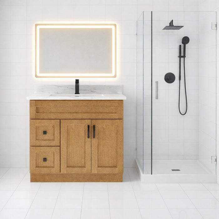 Nova- 42" DARK BROWN,SOLID WOOD Bathroom Vanity (Left Side Drawers) With Quartz Countertop - Construction Commodities Supply Inc.