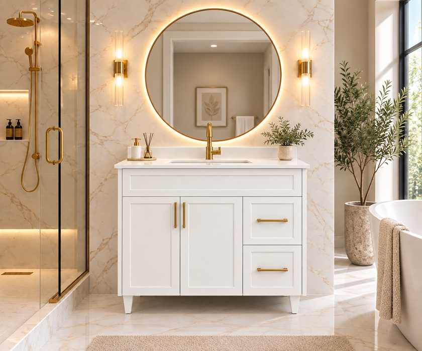 CLASSIC 42 Inch Bathroom Vanity, Canadian Made White painted with Quartz Countertop, Right Side Drawers