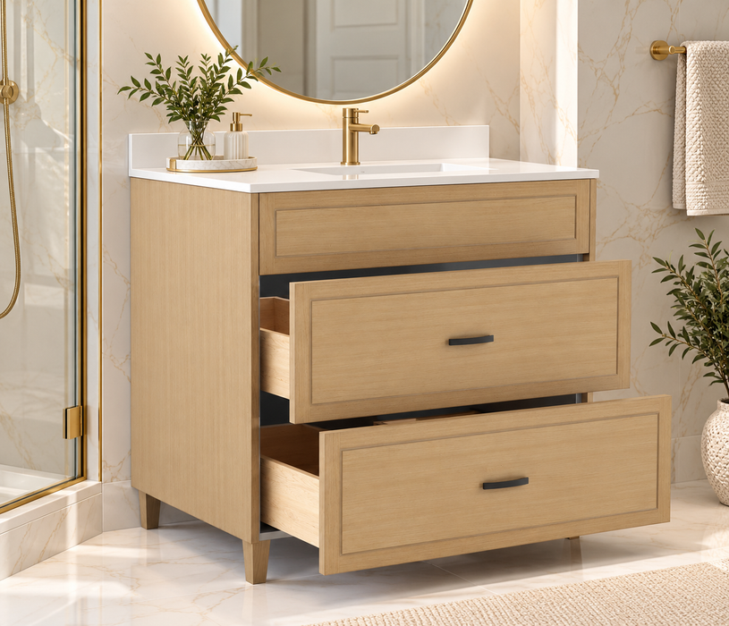 CLASSIC 30 Inch Dresser Style Bathroom Vanity, Canadian Made Natural Oak with Quartz Countertop