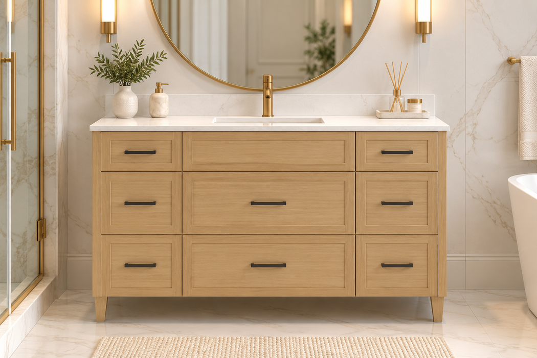 CLASSIC 54 Inch Dresser style Bathroom Vanity, Canadian Made Natural Oak with Quartz Countertop, 8 Drawers