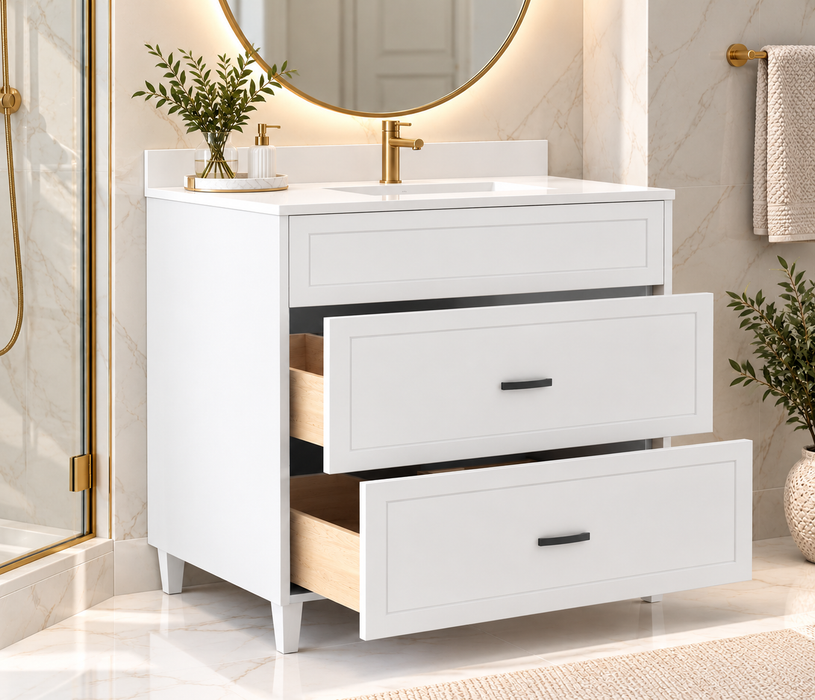 CLASSIC 30 Inch Dresser Style Bathroom Vanity, Canadian Made White painted with Quartz Countertop, Right Side Drawers