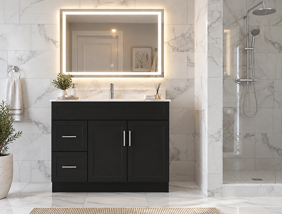 CRUSH 42 Inch Bathroom Vanity, Modern Slim Shaker with Quartz Countertop, Left Side Drawers (Available in 3 Colors)