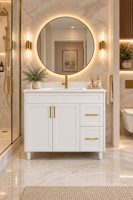 CLASSIC 36 Inch Bathroom Vanity, Canadian Made White painted with Quartz Countertop, Right Side Drawers
