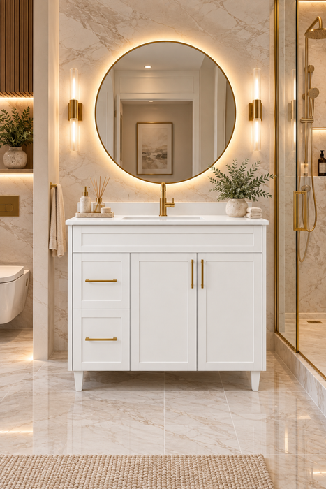 CLASSIC 36 Inch Bathroom Vanity, Canadian Made White painted with Quartz Countertop, Left Side Drawers