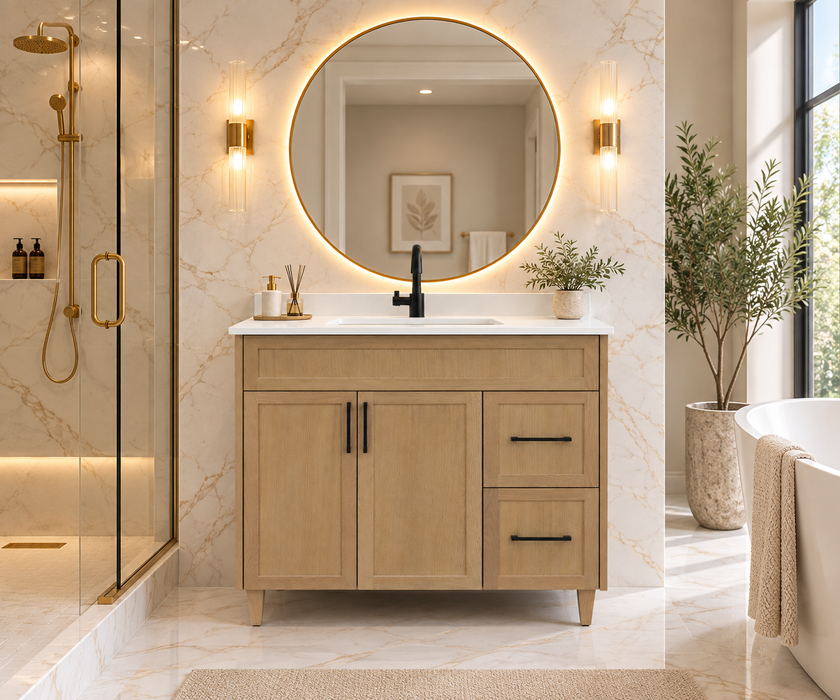 CLASSIC 42 Inch Bathroom Vanity, Canadian Made Natural Oak with Quartz Countertop, Right Side Drawers