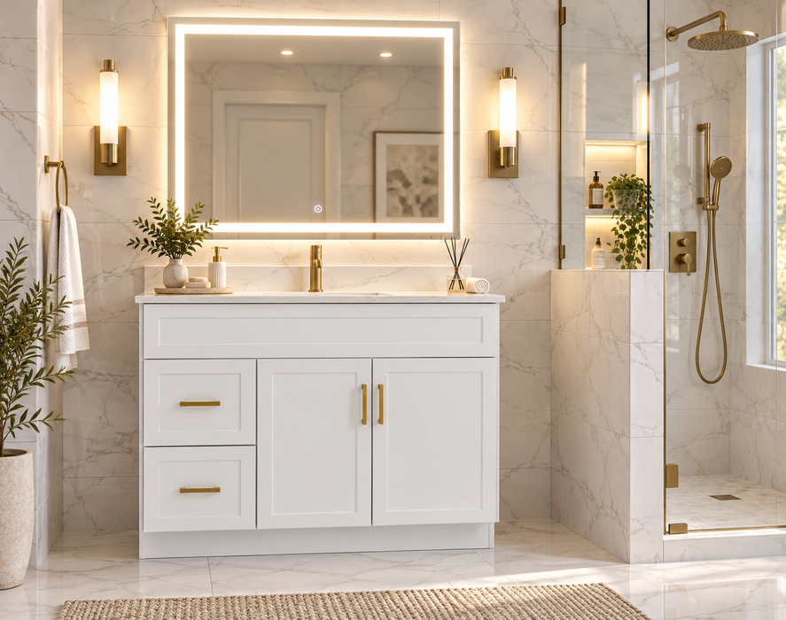 CRUSH 42 Inch Bathroom Vanity, Modern Slim Shaker with Quartz Countertop, Left Side Drawers (Available in 3 Colors)