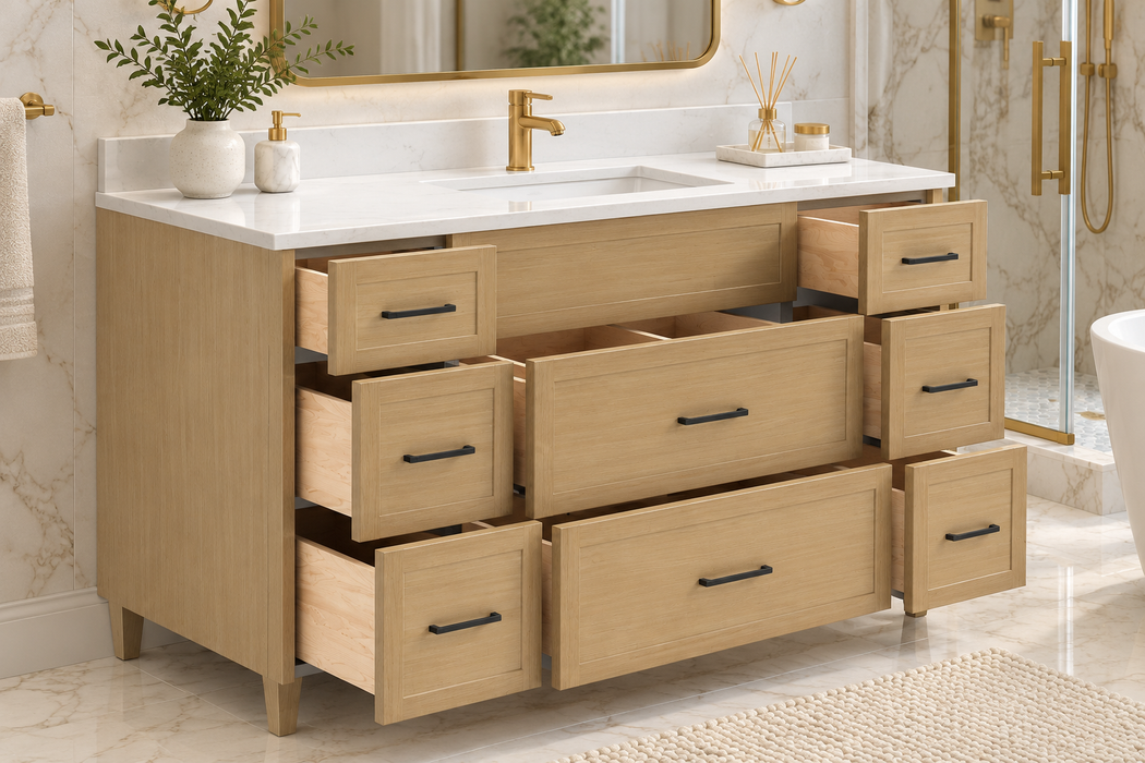 CLASSIC 54 Inch Dresser style Bathroom Vanity, Canadian Made Natural Oak with Quartz Countertop, 8 Drawers