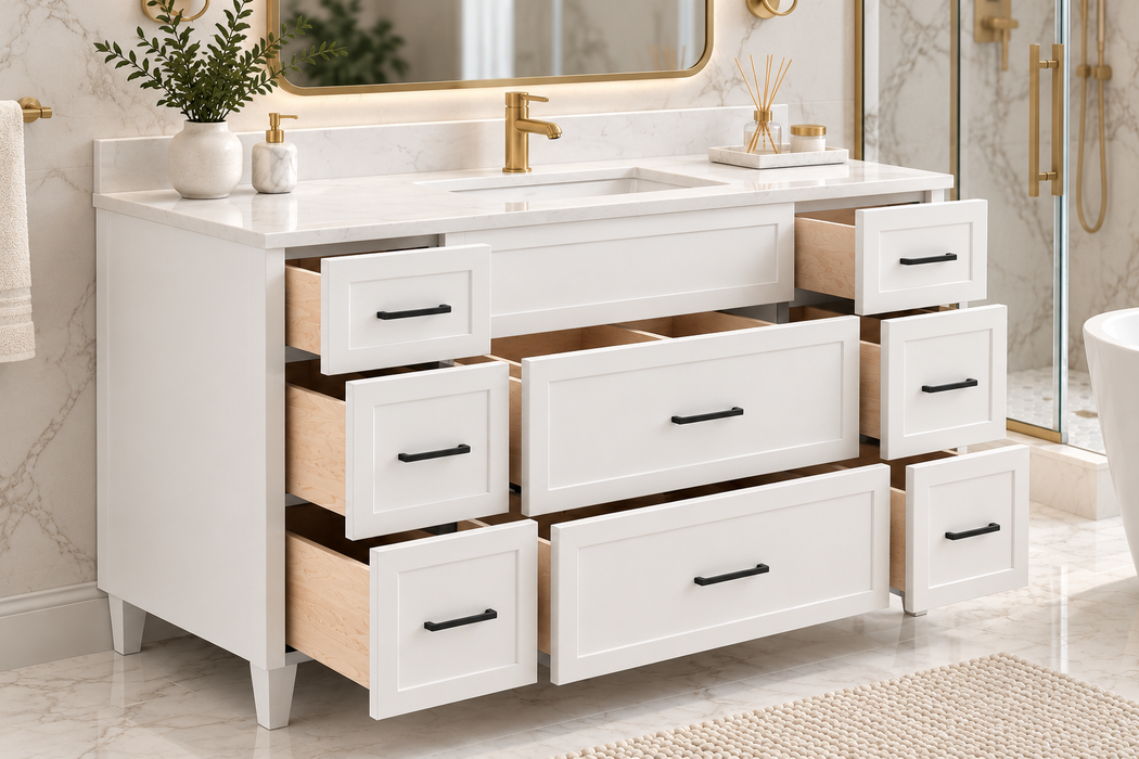 CLASSIC 54 Inch Dresser Style Bathroom Vanity, Canadian Made White painted with Quartz Countertop, 8 Drawers