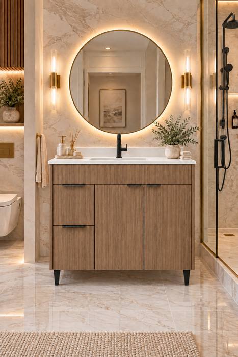 MILANO 36 Inch Light Walnut Bathroom Vanity with Quartz Countertop, Left Side Drawers