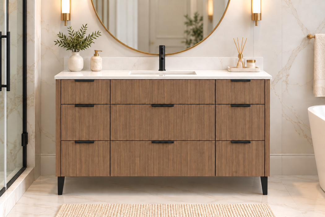 Milano 48 Inch Light Walnut Bathroom Vanity with Quartz Countertop, 8 Drawers