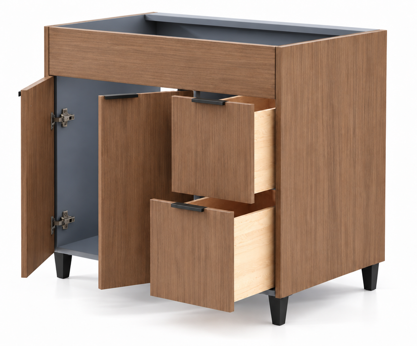 MILANO 42 Inch Light Walnut Bathroom Vanity with Quartz Countertop, Right Side Drawers - Construction Commodities Supply Inc.