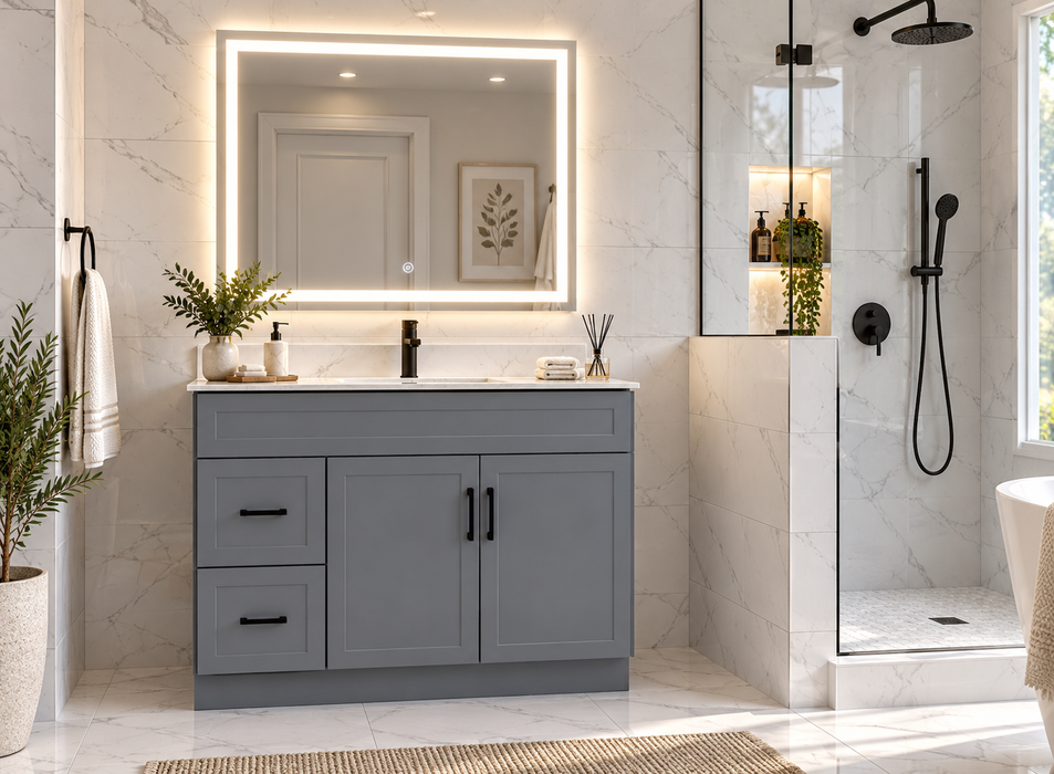 CRUSH 42 Inch Bathroom Vanity, Modern Slim Shaker with Quartz Countertop, Left Side Drawers (Available in 3 Colors)
