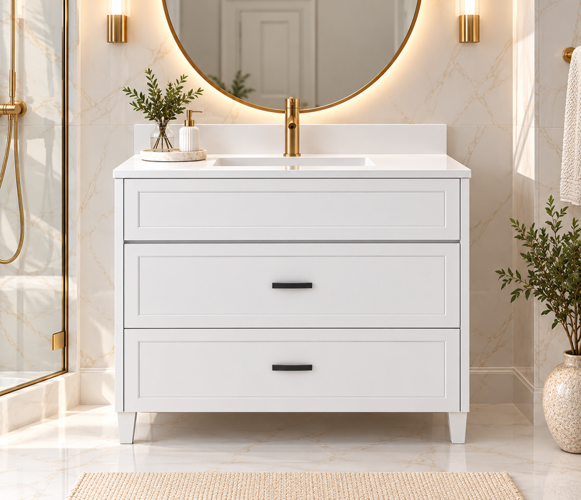 CLASSIC 30 Inch Dresser Style Bathroom Vanity, Canadian Made White painted with Quartz Countertop, Right Side Drawers