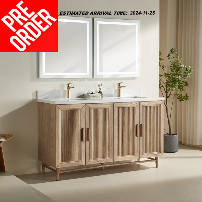 Sunflower - 60",Double Sink, Antique Oak , Floor Standing Bathroom Vanity,White Quartz Countertop ** PRE ORDER NOW/ ETA:2024-11-29 **