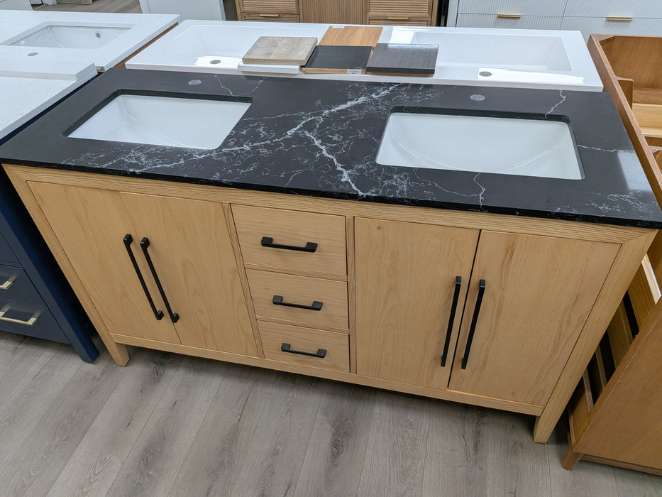 Lily - 60",Double Sink, White Oak , Solid Wood Modern Bathroom Vanity, Quartz Countertop ** FLOOR MODEL *** - Construction Commodities Supply Inc.