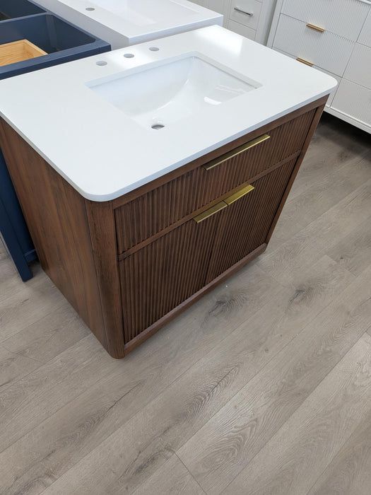 XANDER - 36"  WALNUT Solid Wood Bathroom Vanity with White White Quartz top ** FLOOR MODEL **