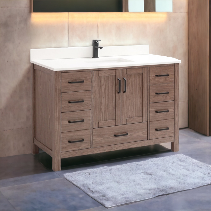 CCS201 - 48" Brown Oak, Floor Standing Modern Bathroom Vanity, White Quartz Countertop, Matt Black Hardware