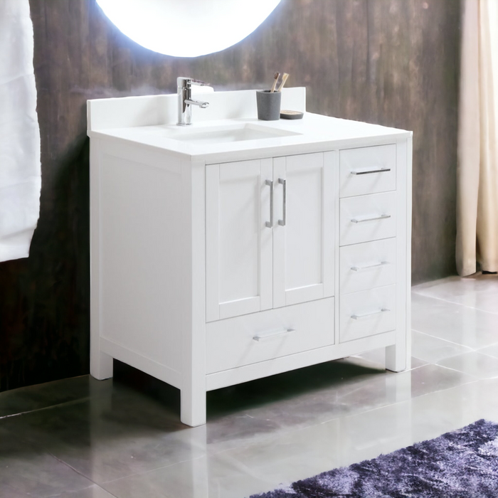 CCS201 - 36" White, Floor Standing Bathroom Vanity, White Quartz Countertop