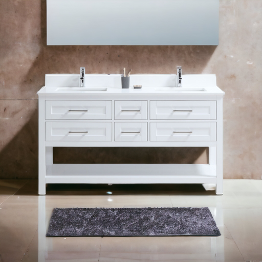 CCS301 - 60" White, Double Sink, Floor Standing Modern Bathroom Vanity , White Quartz Countertop, Brushed Nickel Hardware. - Construction Commodities Supply Inc.