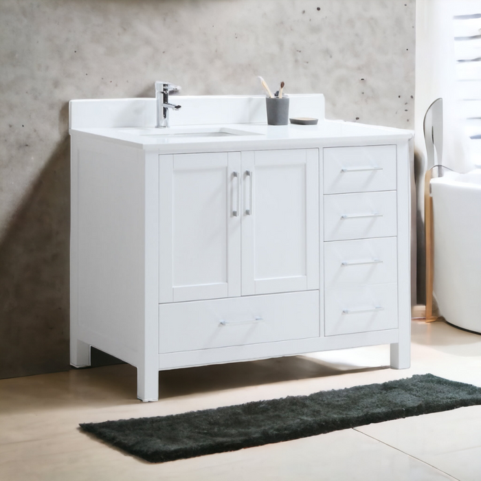 CCS201 - 42" White, Floor Standing Modern Bathroom Vanity , White Quartz Countertop