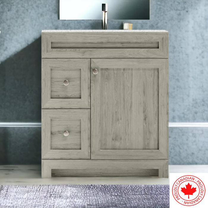 CABINETSMITH- 36" CANADIAN Bathroom Vanity With White Quartz top, Left hand drawers (8 COLORS AVAILABLE )