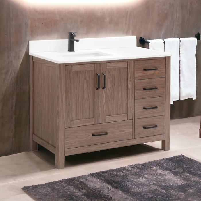 CCS201 - 36" Brown Oak , Floor Standing Modern Bathroom Vanity,  White Quartz Countertop, Matt Black Hardware