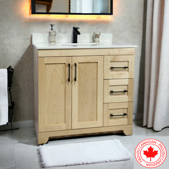 CANADIAN MAPLE - 36" , Natural Stain Bathroom Vanity With Quartz Countertop.