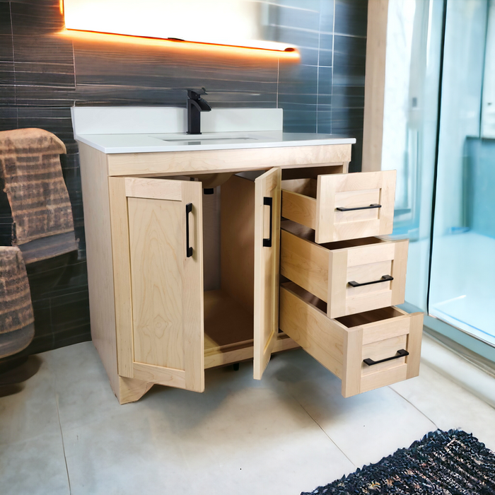 CANADIAN MAPLE - 36" , Natural Stain Bathroom Vanity With Quartz Countertop.