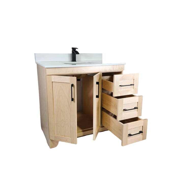 CANADIAN MAPLE - 36" , Natural Stain Bathroom Vanity With Quartz Countertop.