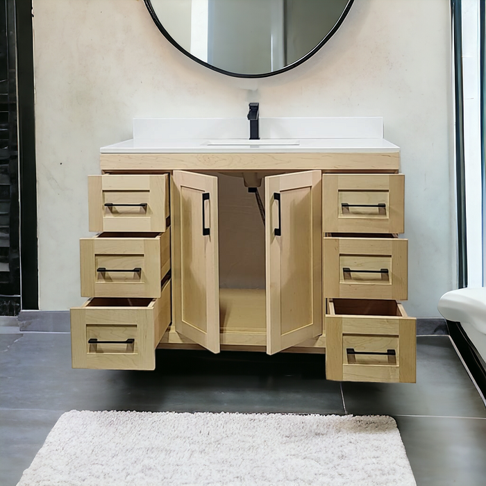 CANADIAN MAPLE 48" , Natural Stain Bathroom Vanity With White Quartz Countertop.