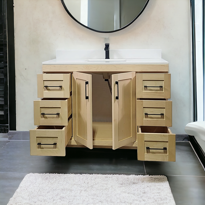 CANADIAN MAPLE 60" Single Sink, Natural Stain Bathroom Vanity With White Quartz Countertop.