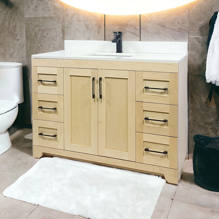 CANADIAN MAPLE 60" Single Sink, Natural Stain Bathroom Vanity With White Quartz Countertop.