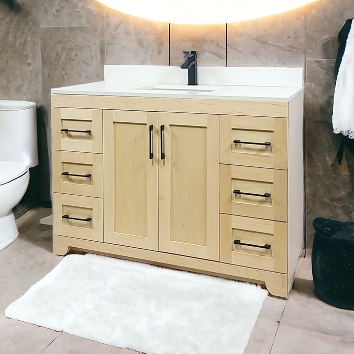 CANADIAN MAPLE 48" , Natural Stain Bathroom Vanity With White Quartz Countertop.