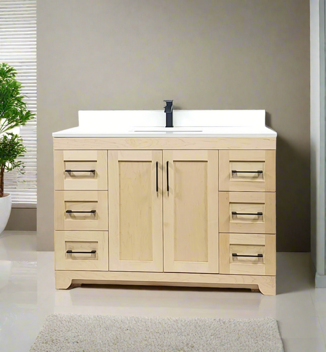 CANADIAN MAPLE 48" , Natural Stain Bathroom Vanity With White Quartz Countertop.