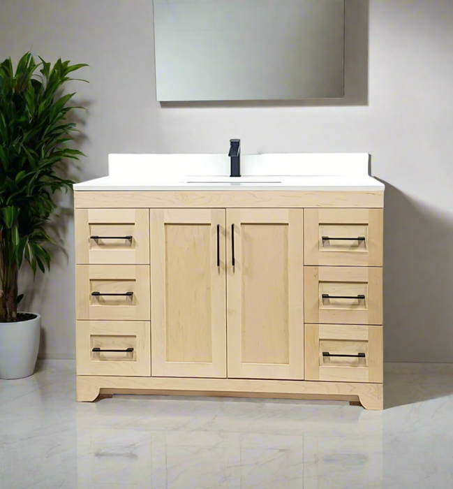 CANADIAN MAPLE 42", Natural Stain Bathroom Vanity With White Quartz Countertop.