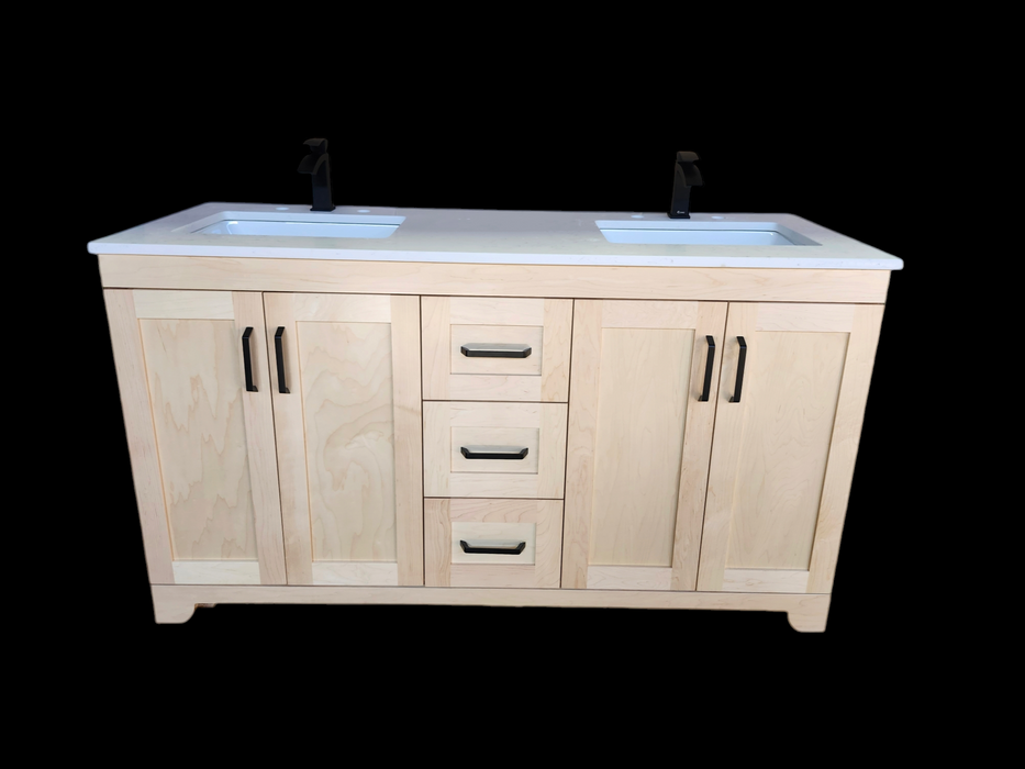 CANADIAN MAPLE - 60" Double Sink , Natural Stain Bathroom Vanity With Quartz Countertop.