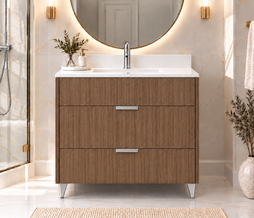 MILANO 36 Inch Dresser Style Light Walnut Bathroom Vanity with Quartz Countertop