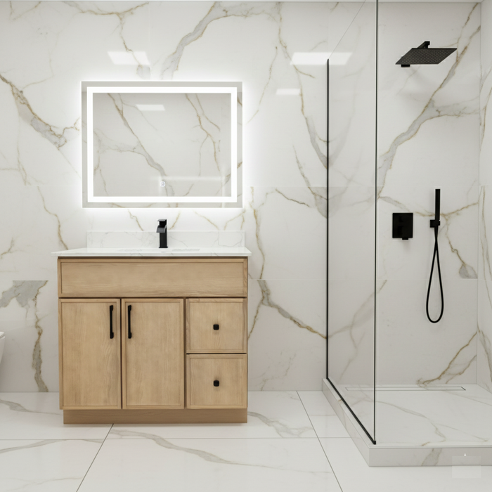 LEO-42" Bathroom Vanity  With Quartz Countertop / RightSide Drawers