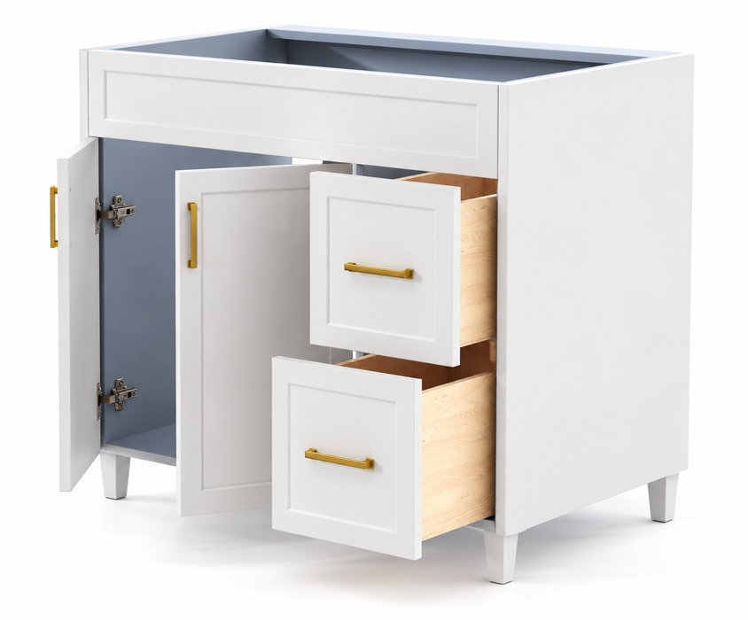 CLASSIC 36 Inch Bathroom Vanity, Canadian Made White painted with Quartz Countertop, Right Side Drawers