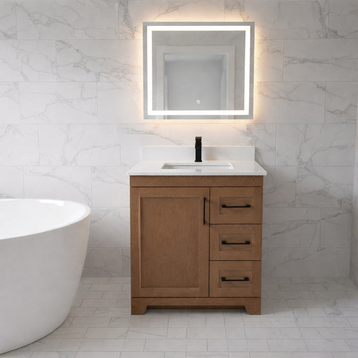 CANADIAN MAPLE - 30"  Right Side Drawers, Tuscan Calo stain  Floor Standing Bathroom Vanity With Quartz Countertop - Construction Commodities Supply Inc.